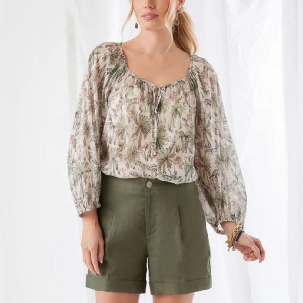 Karen Kane Garden Party Peasant Blouse Green Pink Cotton Women’s Size M NWT